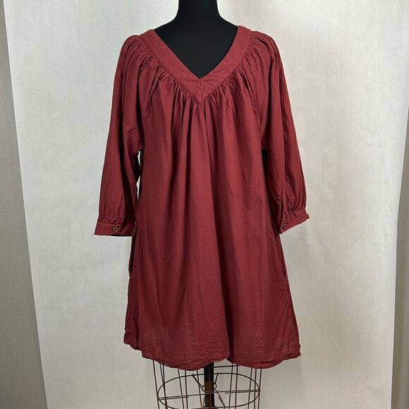 Lucky & Blessed Button Front Tunic Dress 3/4 Sleeve Sz L Burgundy Round Neck - Picture 4 of 11